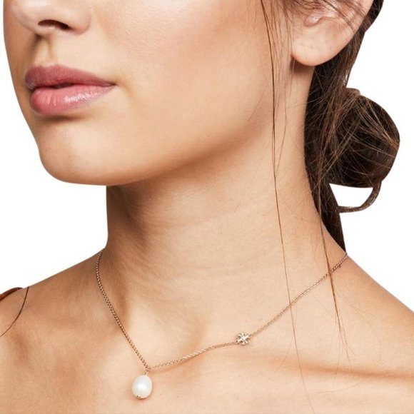Tory Burch Gold Logo Cultured Pearl Short Necklace - Picture 9 of 9
